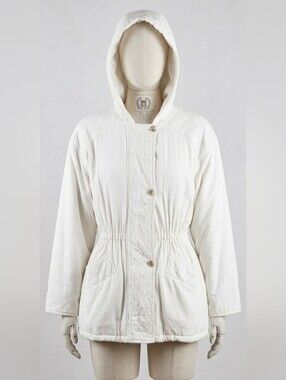 Ivory Vintage Embroidered Parka Jacket Hooded Cinch Waist Quilted Old Money Chic